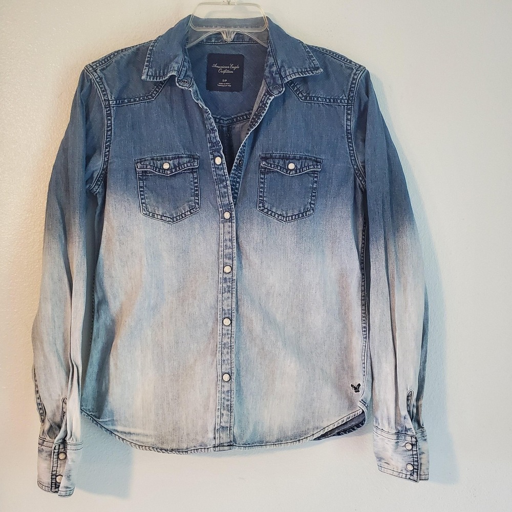 Vintage American Eagle Shirt Womens Small Denim‎ Pearl Snap Western Fade Cowgirl